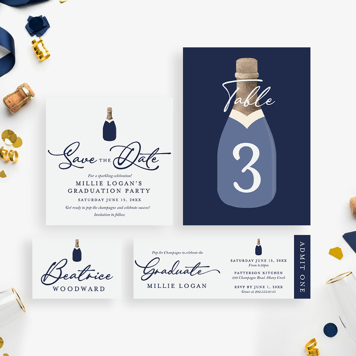 Navy Champagne Bottle Graduation Party Invitation
