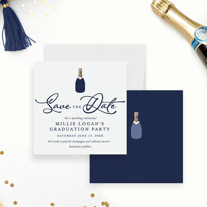 navy champagne bottle graduation save the date card with elegant script lettering, small champagne bottle detail, and personalized party wording-front-back