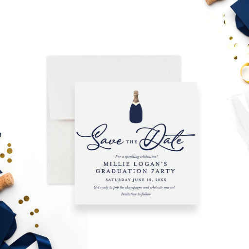navy champagne bottle graduation save the date card with elegant script lettering, small champagne bottle detail, and personalized party wording-front