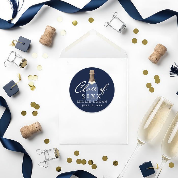 Navy Champagne Bottle Graduation Party Invitation