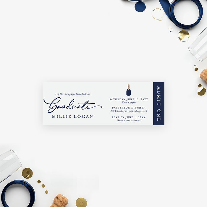 navy graduation party ticket invitation with elegant script lettering, champagne bottle icon, and personalized graduation celebration details