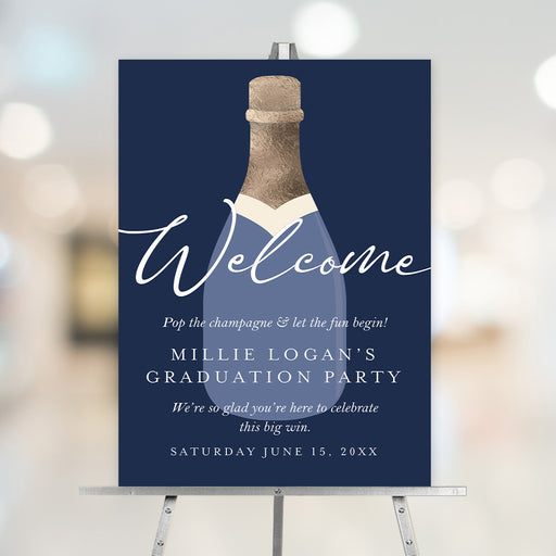 navy graduation party welcome sign with champagne bottle illustration, welcome wording, custom graduate name, and event date