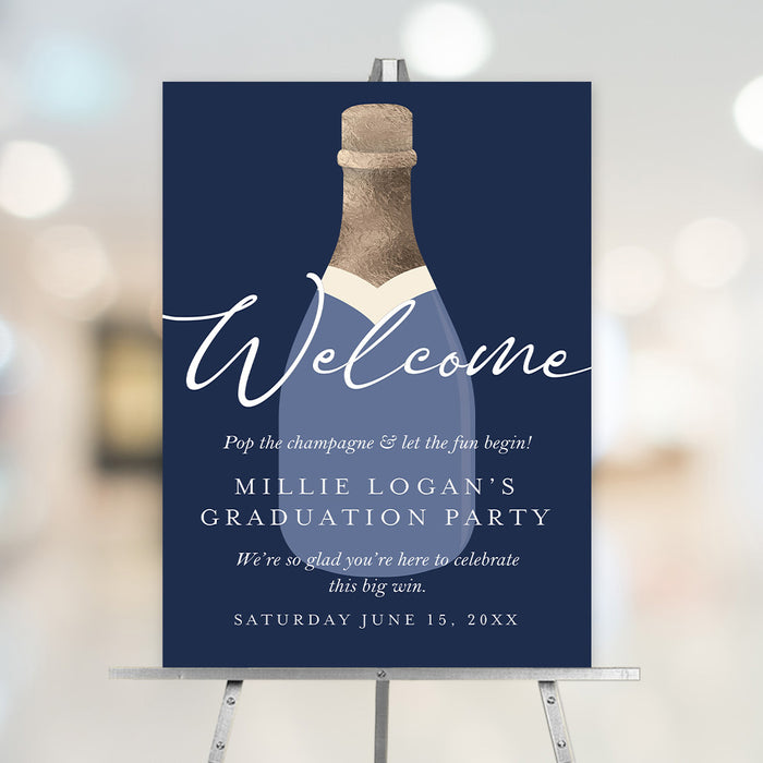 navy graduation party welcome sign with champagne bottle illustration, welcome wording, custom graduate name, and event date