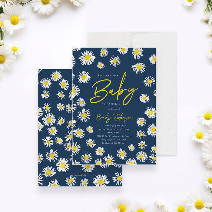 Daisy baby shower invitation with boho floral spring design on navy background, perfect for baby in bloom or spring newborn celebrations.