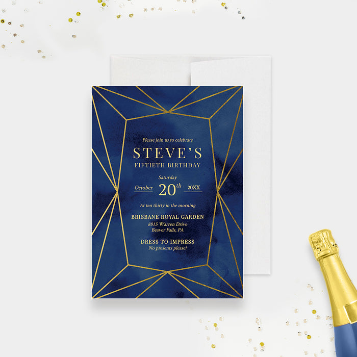 navy and gold-style birthday invitation digital template with elegant geometric line design for an adult milestone celebration