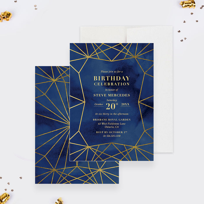 elegant navy and gold-style birthday invitation with geometric line design for a sophisticated adult milestone celebration-frontback