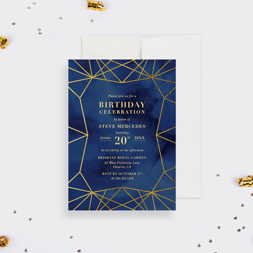 elegant navy and gold-style birthday invitation with geometric line design for a sophisticated adult milestone celebration-front