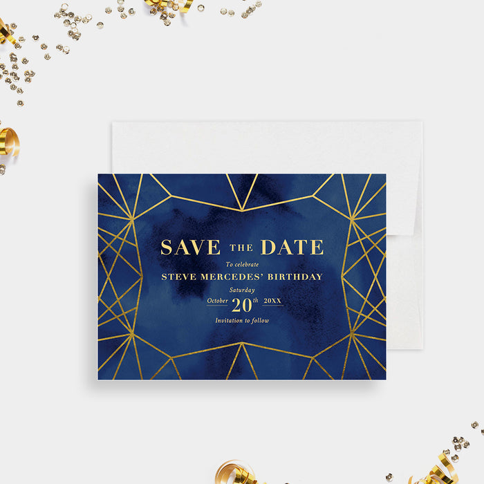 elegant navy and gold-style birthday save the date card with geometric line design for an adult milestone celebration-front
