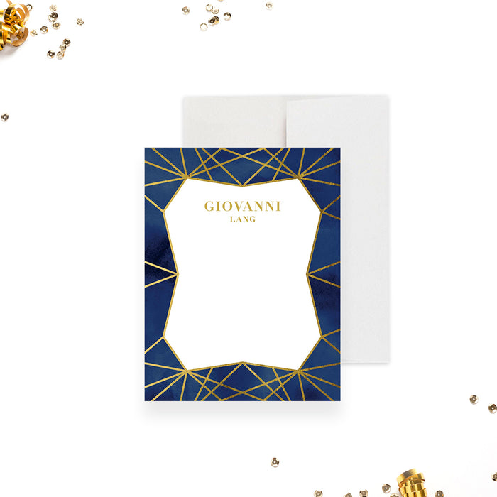 personalized navy and gold-style birthday thank you card with geometric line design and custom name-front