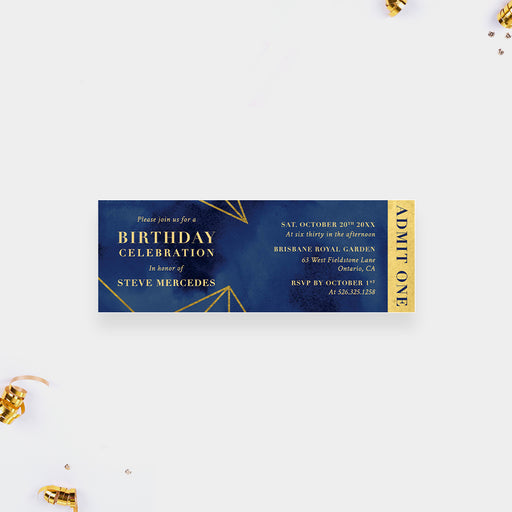 elegant navy and gold-style birthday ticket invitation with geometric line design for an adult celebration