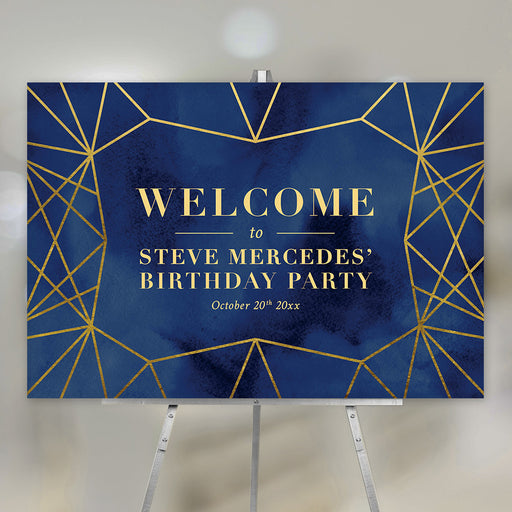 elegant navy and gold-style birthday welcome sign with geometric line design for an adult milestone celebration