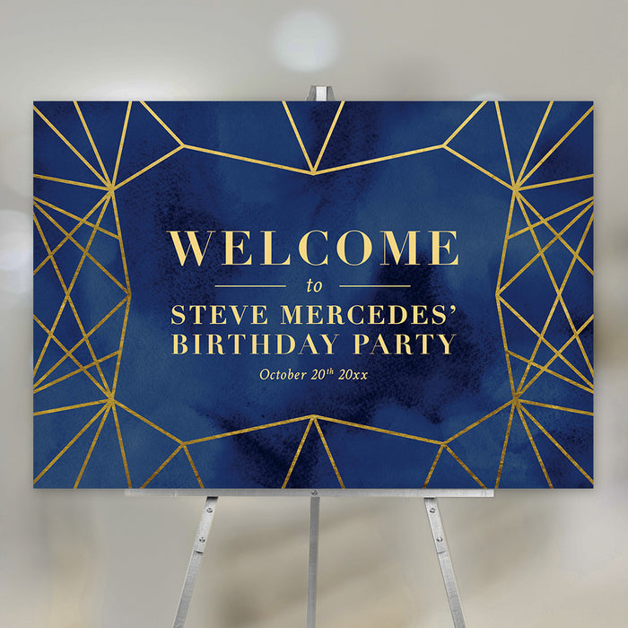 elegant navy and gold-style birthday welcome sign with geometric line design for an adult milestone celebration