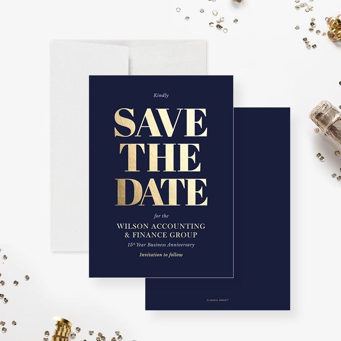 navy and gold business anniversary save the date card with bold lettering, company name, and custom event details-front-back
