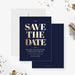 navy and gold business anniversary save the date card with bold lettering, company name, and custom event details-front-back