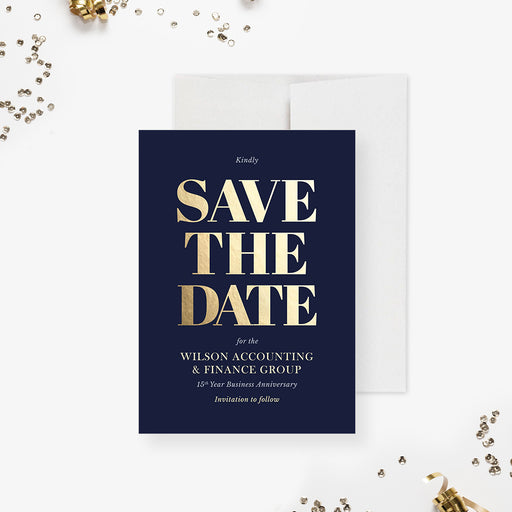 navy and gold business anniversary save the date card with bold lettering, company name, and custom event details-front