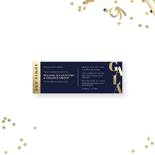 navy and gold business anniversary ticket invitation with bold lettering, logo space, admit one panel, and corporate event details