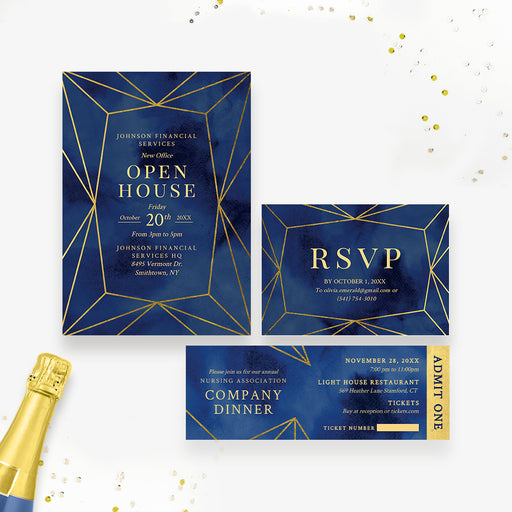 navy and gold-style business event digital template set with geometric design and matching corporate stationery pieces