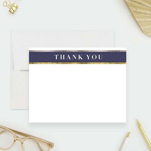 Navy and gold thank-you card with elegant stripes for business