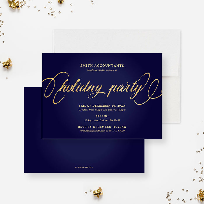 Elegant navy holiday party invitation featuring shimmering gold script lettering and refined corporate event details in a professional layout