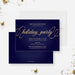 Elegant navy holiday party invitation featuring shimmering gold script lettering and refined corporate event details in a professional layout