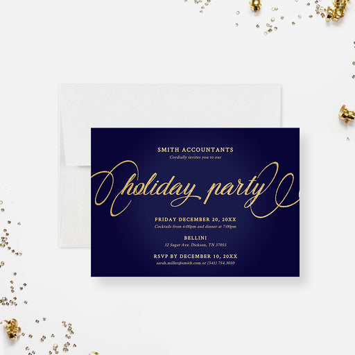 Elegant navy holiday party invitation featuring shimmering gold script lettering and refined corporate event details in a professional layout