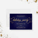 Elegant navy holiday party invitation featuring shimmering gold script lettering and refined corporate event details in a professional layout