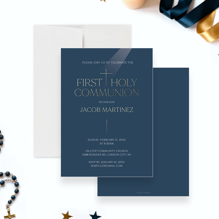 navy blue First Holy Communion invitation with cross symbol, elegant lettering, formal layout, and religious celebration details-front-back