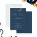 navy blue First Holy Communion invitation with cross symbol, elegant lettering, formal layout, and religious celebration details-front-back