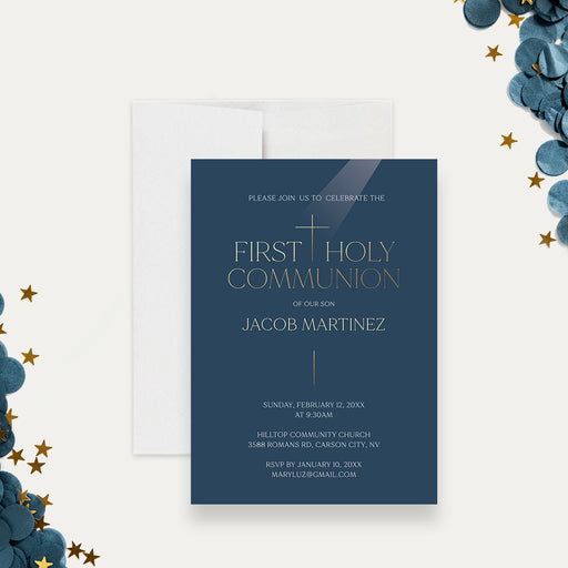 navy blue First Holy Communion invitation with cross symbol, elegant lettering, formal layout, and religious celebration details-front