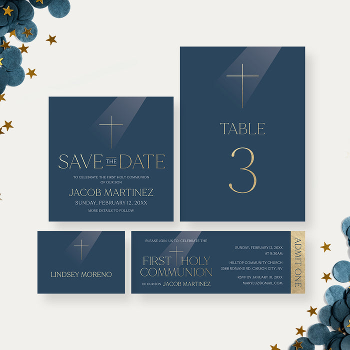 Navy Blue First Holy Communion Invitation