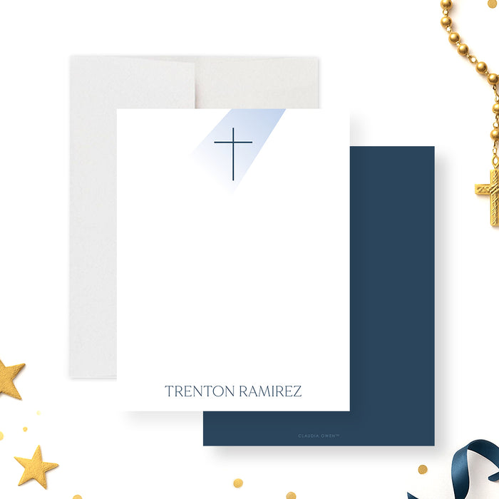personalized navy blue First Holy Communion thank you card with cross symbol, custom name, white background, and religious stationery design-front-back