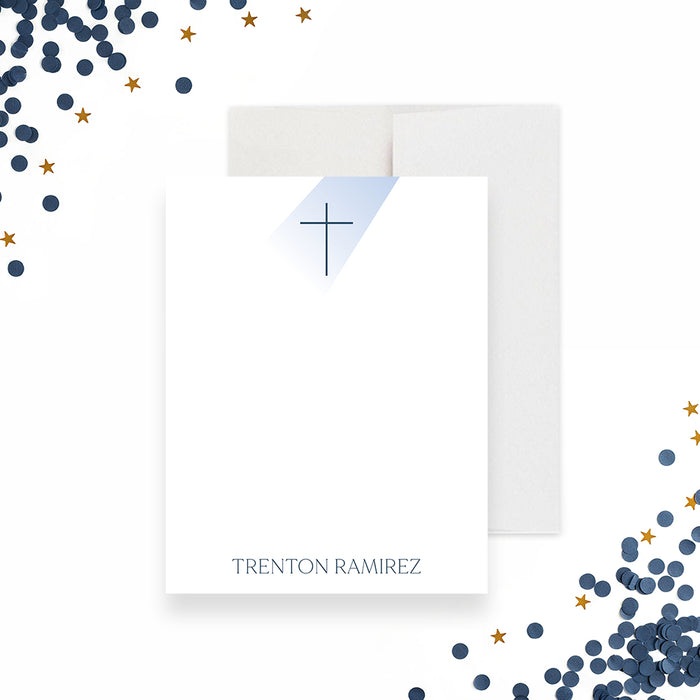 personalized navy blue First Holy Communion thank you card with cross symbol, custom name, white background, and religious stationery design-front