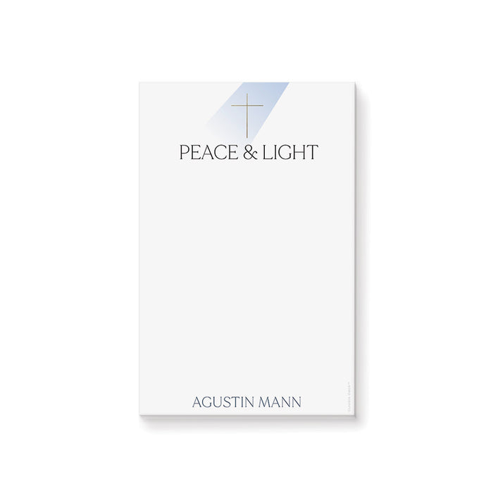 personalized First Holy Communion notepad with Peace & Light wording, cross symbol, custom name, and clean white writing space