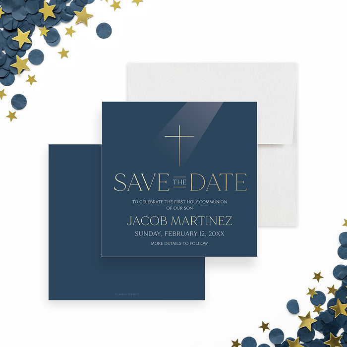 navy blue First Holy Communion save the date card with cross symbol, elegant lettering, and formal religious celebration details-front-back