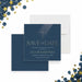 navy blue First Holy Communion save the date card with cross symbol, elegant lettering, and formal religious celebration details-front-back