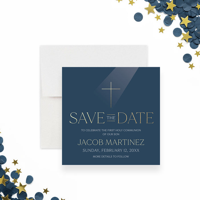 navy blue First Holy Communion save the date card with cross symbol, elegant lettering, and formal religious celebration details-front