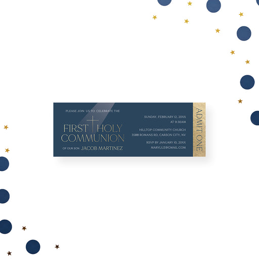 navy blue First Holy Communion ticket invitation with cross symbol, elegant lettering, religious event details, and admit one panel