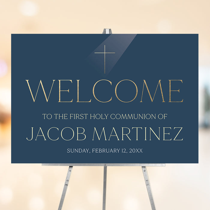 navy blue First Holy Communion welcome sign with cross symbol, elegant lettering, personalized name, and religious celebration details