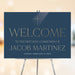 navy blue First Holy Communion welcome sign with cross symbol, elegant lettering, personalized name, and religious celebration details