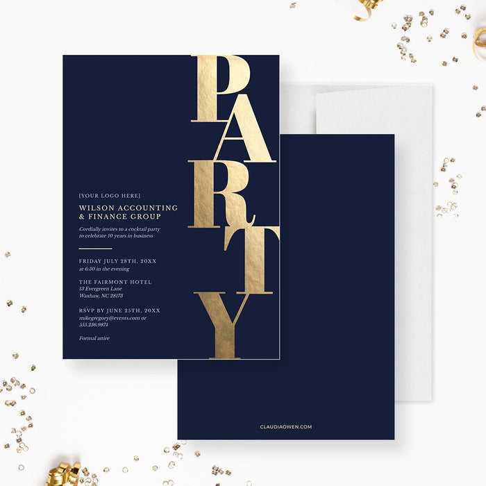 Navy blue party invitation front and back with oversized vertical gold Party lettering and white event details.