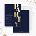 Navy blue party invitation front and back with oversized vertical gold Party lettering and white event details.