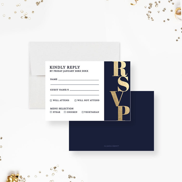 RSVP card front and back with white response area and vertical gold RSVP lettering on navy.