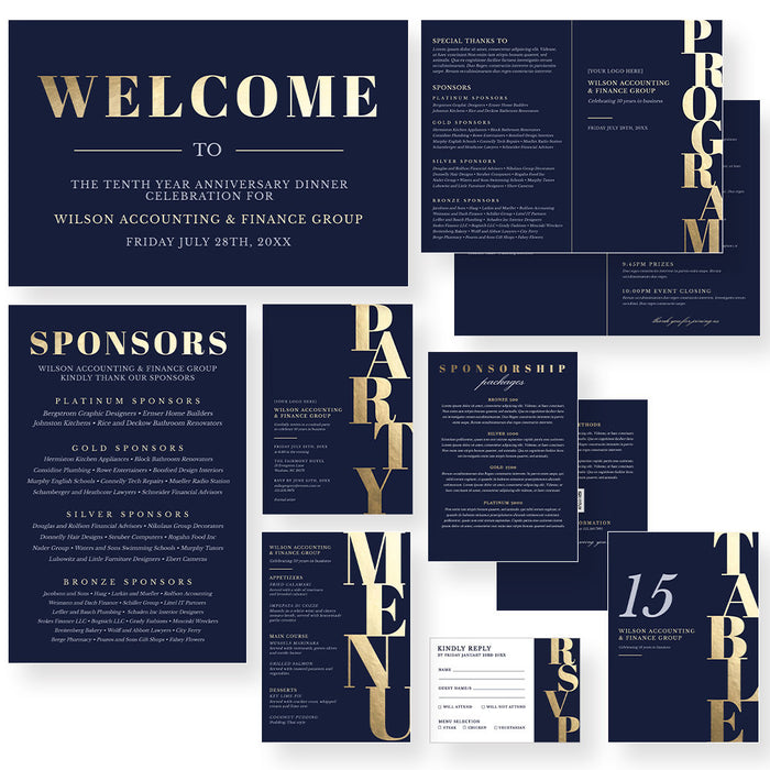 Navy and gold event template collection with invitation, sponsorship card, menu, program, sponsor sign, welcome sign, table number and RSVP.