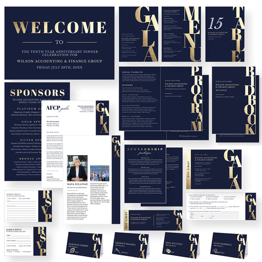 Navy and gold gala fundraiser template set with welcome signs, programs, sponsorship pieces, RSVP cards and place cards