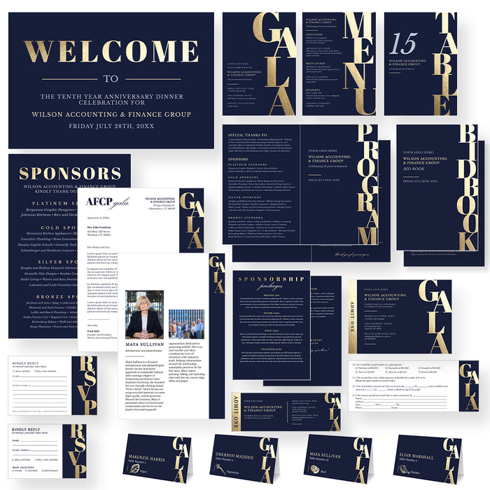Navy and gold gala fundraiser template set with welcome signs, programs, sponsorship pieces, RSVP cards and place cards