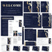 Navy and gold gala fundraiser template set with welcome signs, programs, sponsorship pieces, RSVP cards and place cards