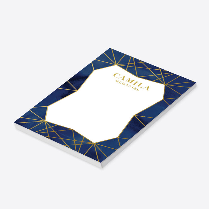personalized notepad with navy watercolor background, gold-style geometric line design, and custom name-side