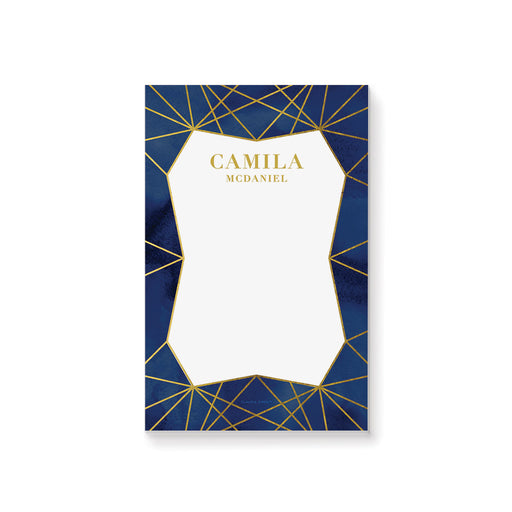 personalized notepad with navy watercolor background, gold-style geometric line design, and custom name