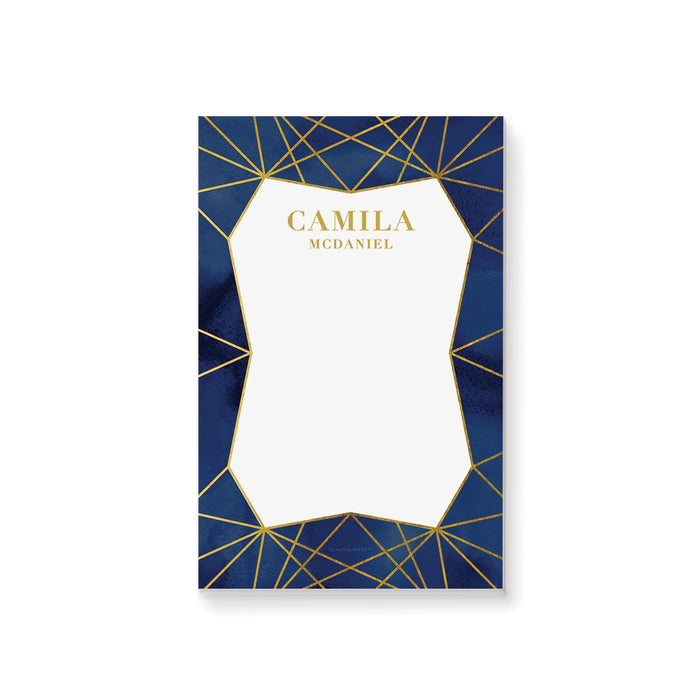 personalized notepad with navy watercolor background, gold-style geometric line design, and custom name
