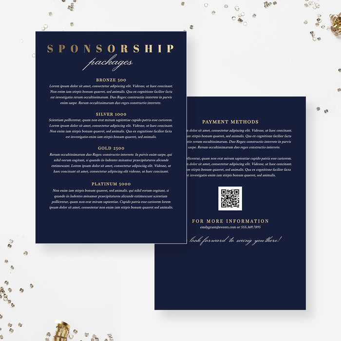 Navy and gold sponsorship package card with sponsorship levels on the front and payment information on the back.